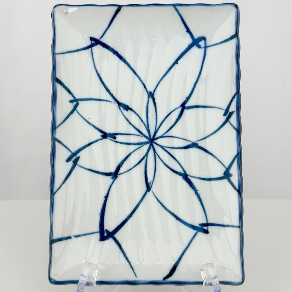 Vintage Japanese Porcelain Sushi Serving Plate Set Blue White Floral Geometric
